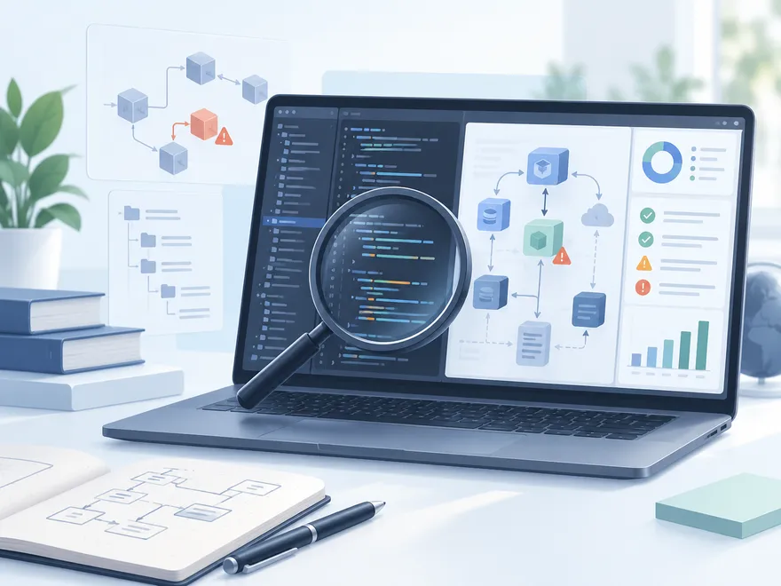 Ein Laptop mit Quellcode und einem Diagramm aus verbundenen Modulen, davor eine Lupe – Sinnbild für die technische Analyse einer fremden Codebasis.
